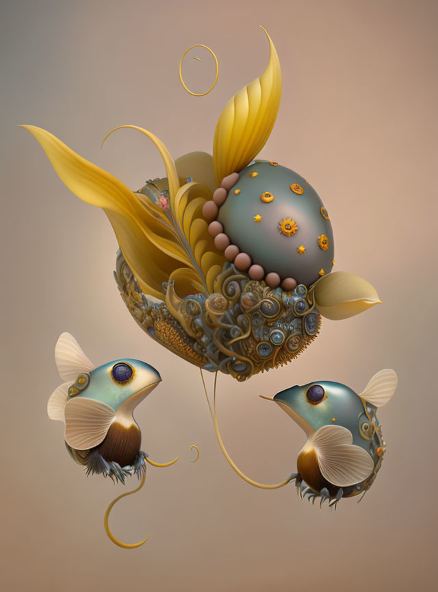 Whimsical digital artwork of mechanical fish with ornate fins and spherical structure