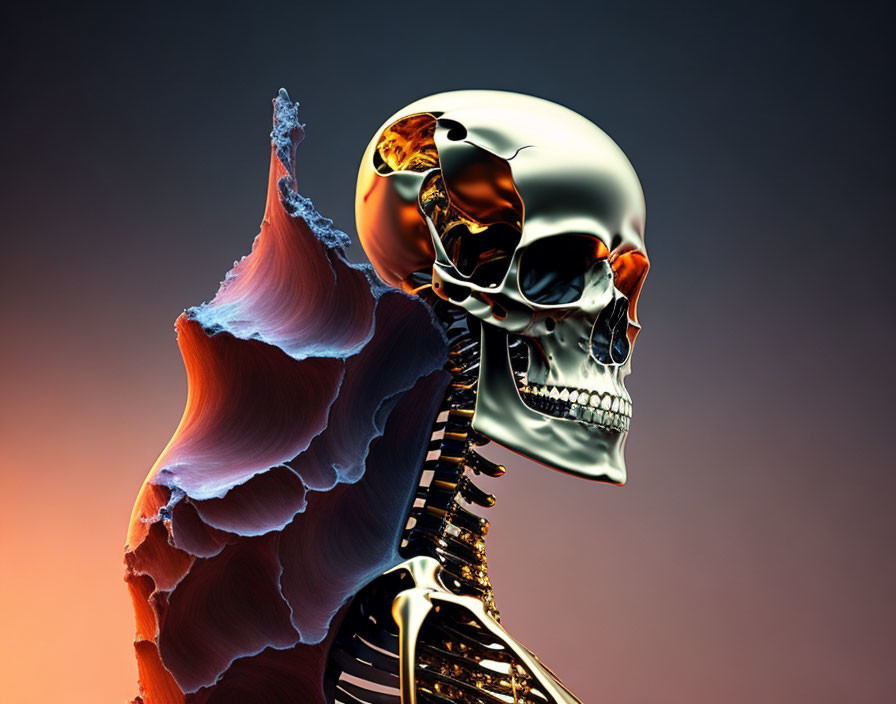 Colorful digital artwork: human skeleton with glass-like structure and orange illuminated skull