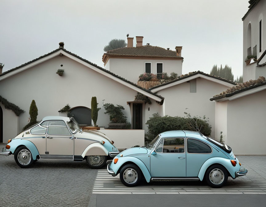 Vintage Cars Parked in Front of Charming White House on Cloudy Day