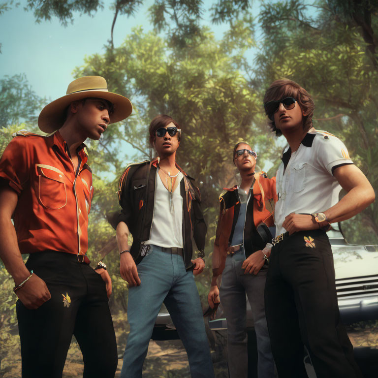 Four men in retro fashion with sunglasses posing confidently outdoors next to a classic car