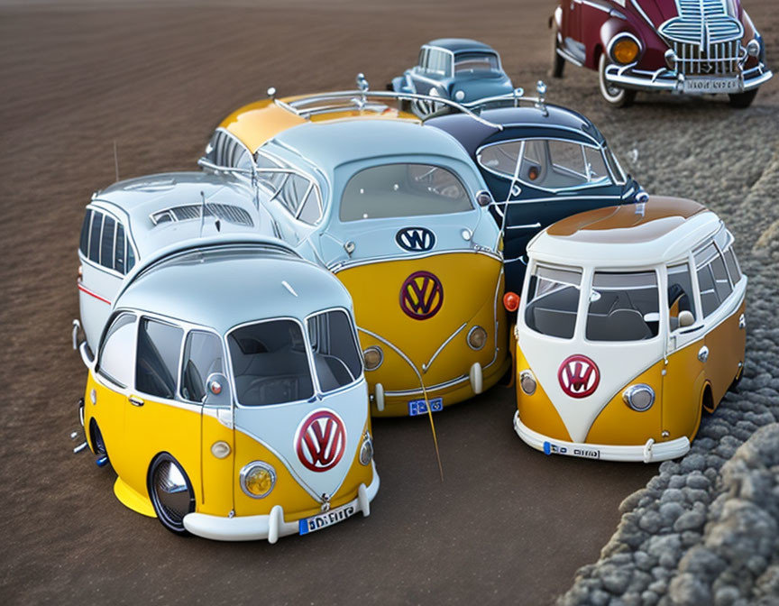 Colorful Vintage Volkswagen Vans and Classic Car Parked in Semicircle