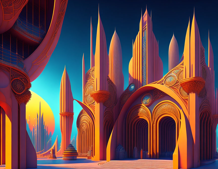 Futuristic cityscape digital artwork with stylized architecture