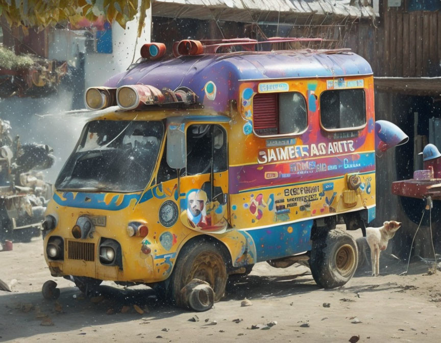 Vibrant auto-rickshaw adorned with accessories, texts, and paintings on dusty road.