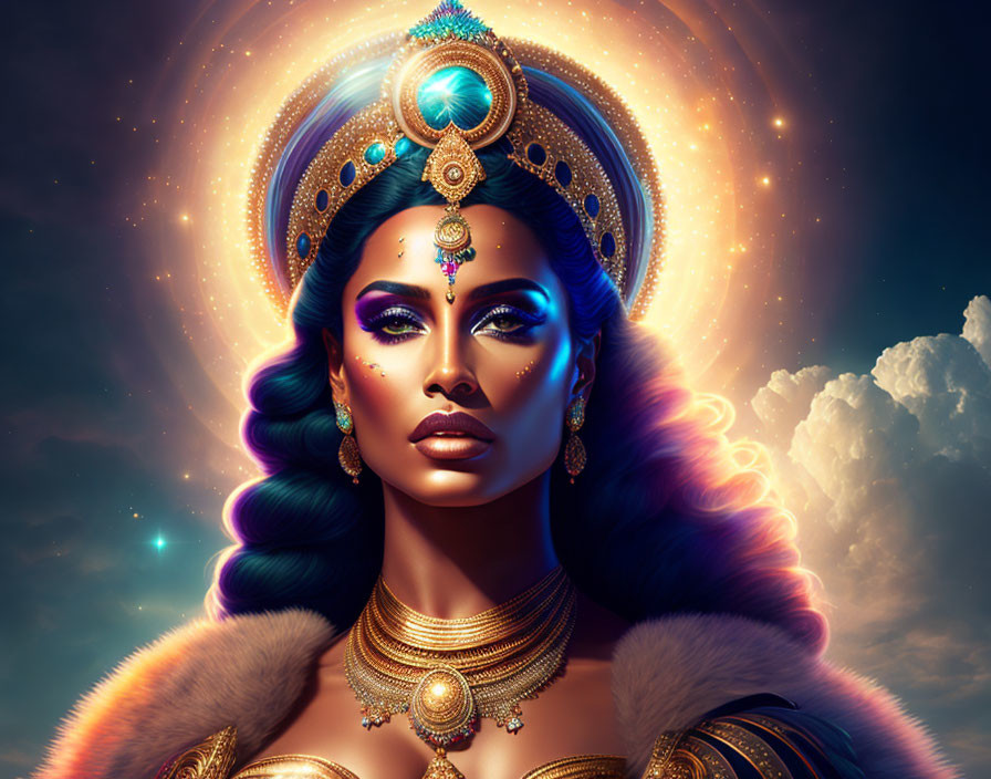 Regal figure adorned with golden jewelry and gemstone crown under dramatic sky