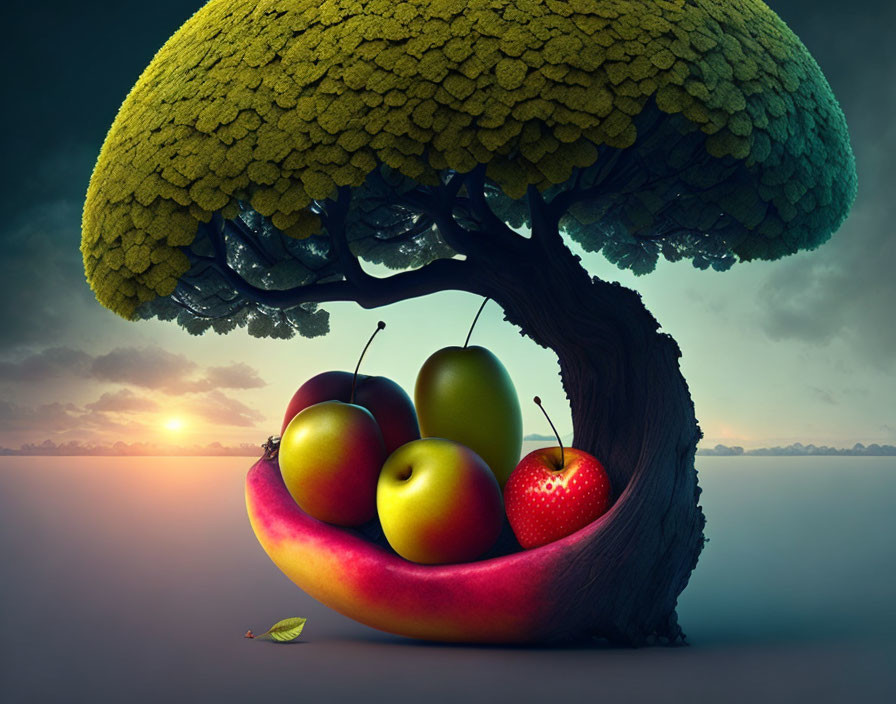 Whimsical tree with broccoli canopy and giant fruit bowl at sunset