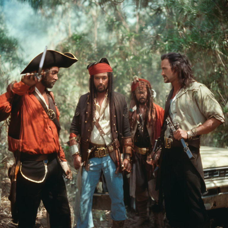 Four Men in Pirate Costumes Discussing in Forest Setting