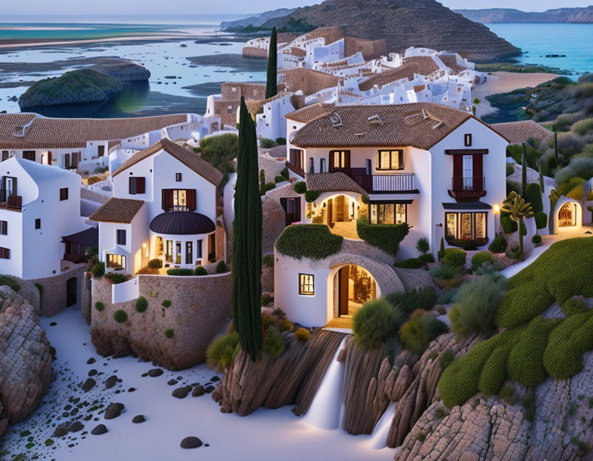 Whitewashed buildings and terracotta roofs by serene bay at dusk