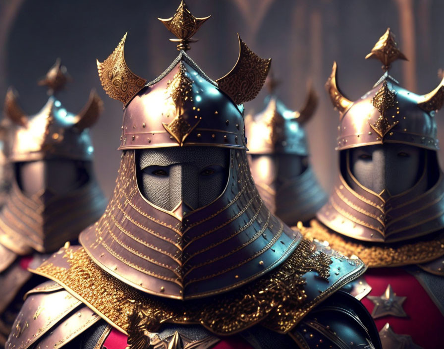 Three Medieval Knights in Ornate Golden Armor with Crowned Helmet in Focus