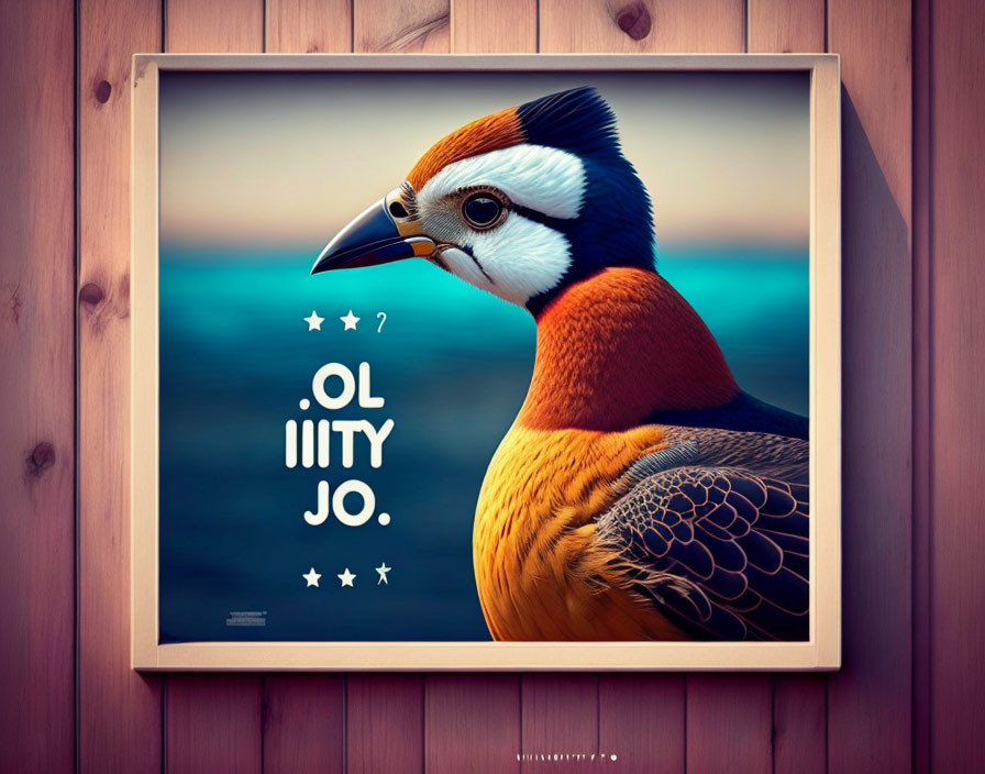Colorful Bird with Striking Pattern on Wooden Wall with Stylized Text