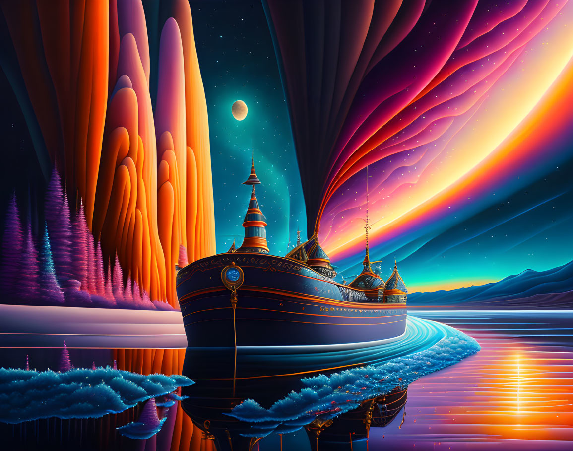 Surreal landscape with castle-like ship on reflective water under starry sky