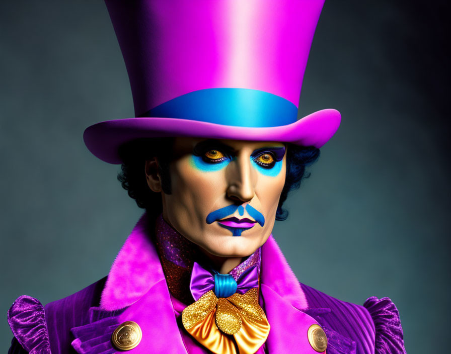 Theatrical makeup person in vibrant purple attire