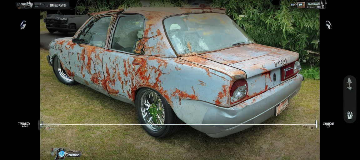 Vintage car with custom wheels and racing stripe in nature setting