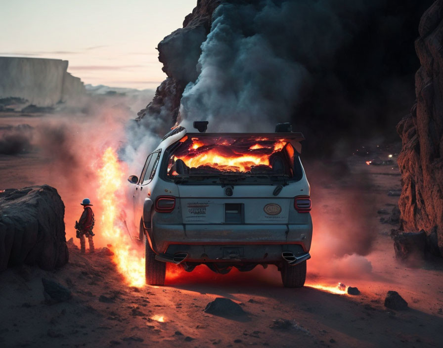 Flaming car in rocky desert at dusk