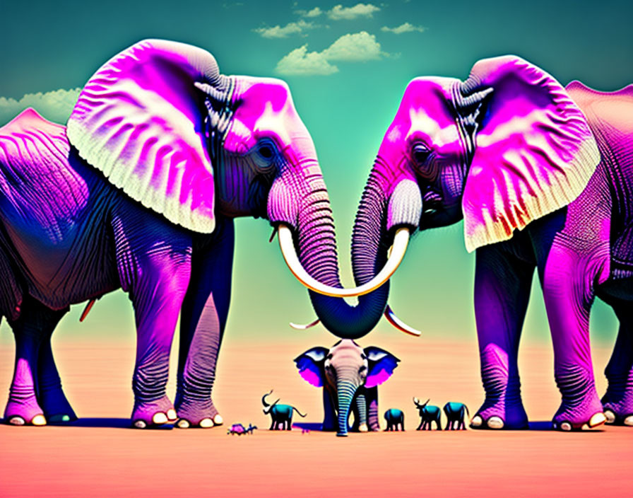 Stylized elephants with interlocked tusks on colorful backdrop