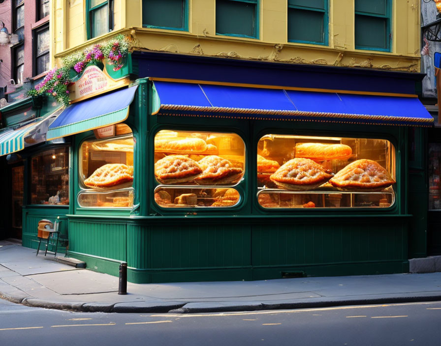 Vibrant bakery storefront showcasing pastries under warm lighting