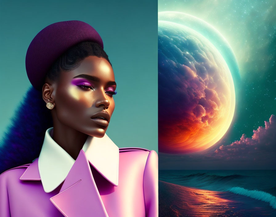 Split-image: Woman with bold makeup and stylish attire beside vibrant planet illustration.