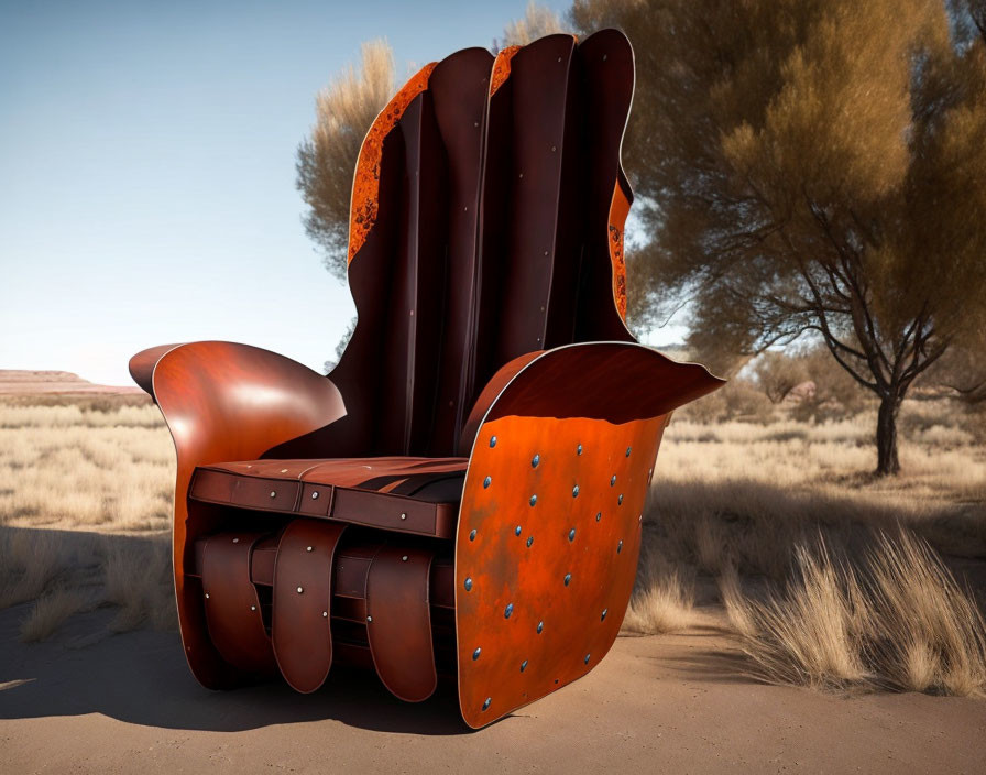 Oversized weathered leather armchair in desert landscape