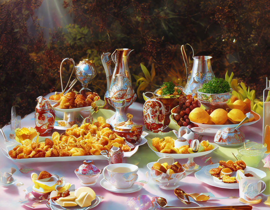 Traditional Golden-Brown Pastries and Tea on Ornate Table