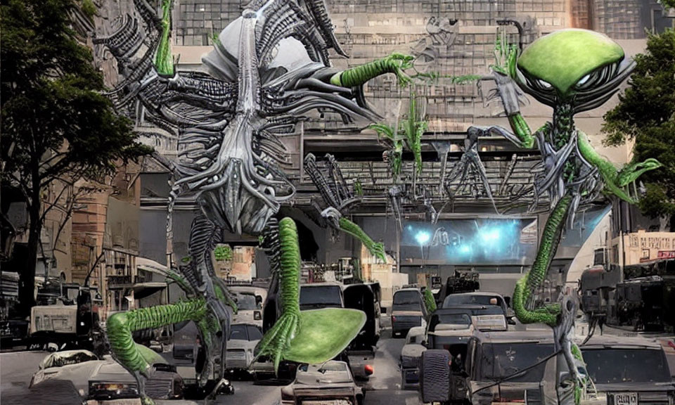 Giant alien creatures with tentacles invade city street in digital art