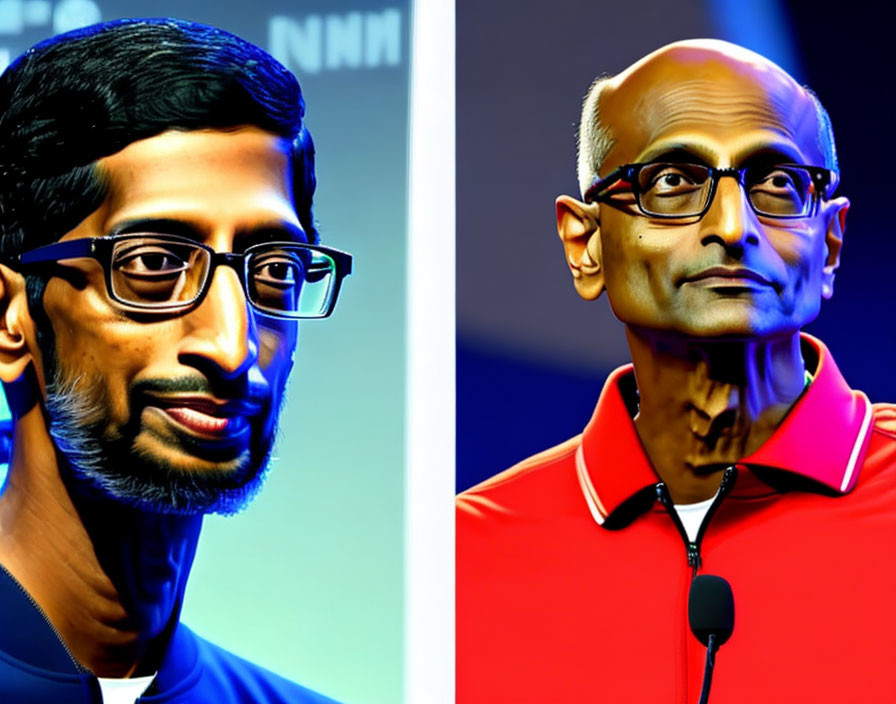 Split-screen comparison: stylized vs. realistic depiction of a man in glasses