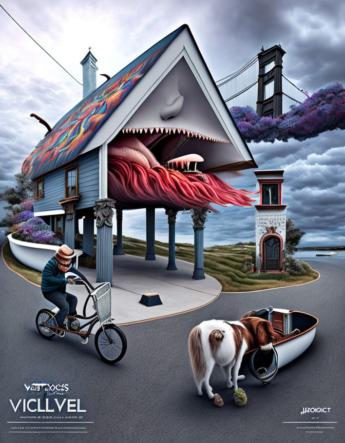 Surreal house entrance with giant mouth, cyclist with pony, whimsical backdrop.