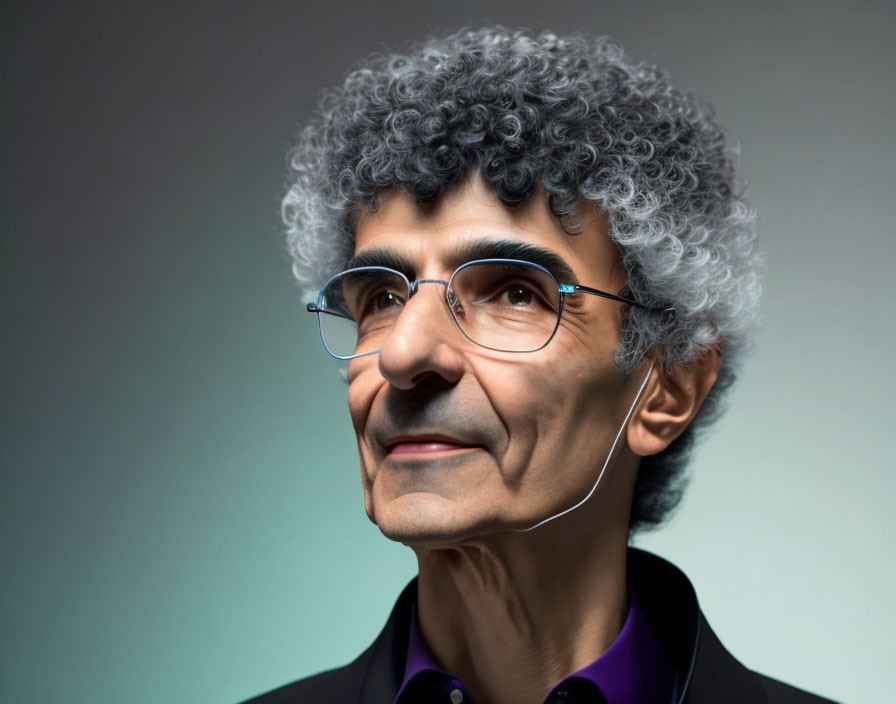 Elderly person portrait with gray curly hair and glasses