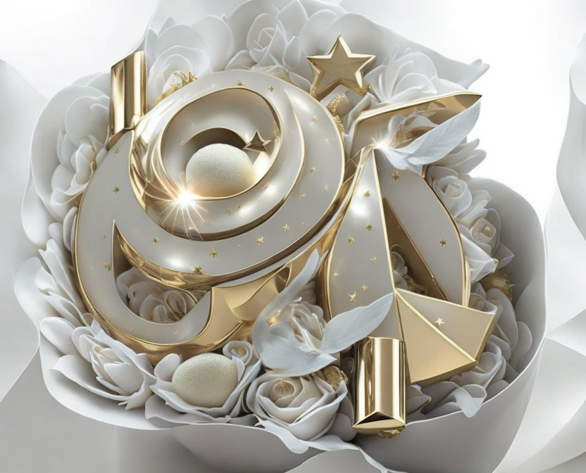 Luxurious Golden Email Symbol with Stars, Geometric Shapes, and White Roses