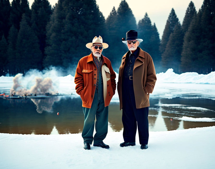 Elderly Men in Stylish Coats and Hats by Snowy Lakeside