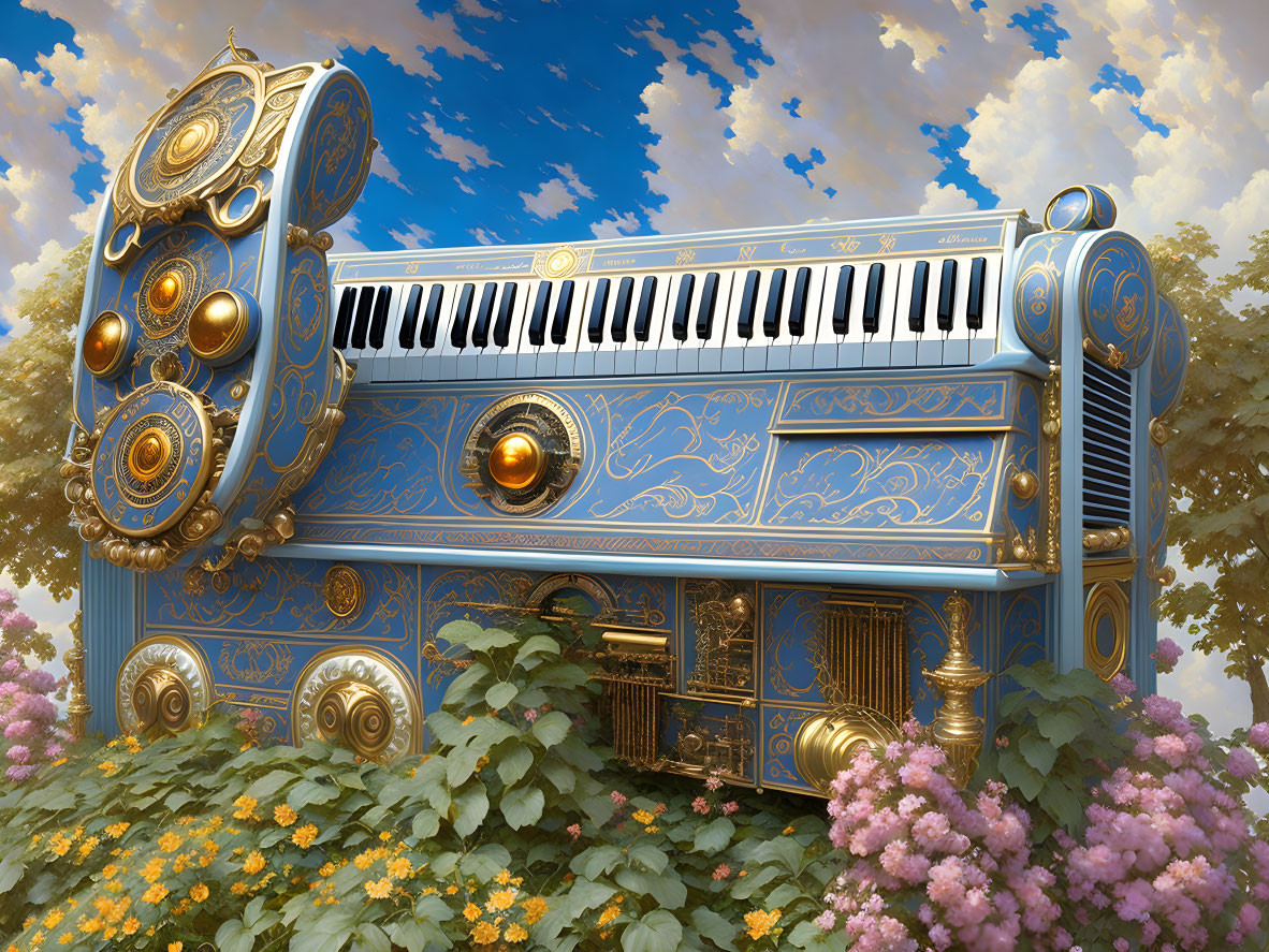 Blue grand piano with golden accents surrounded by lush bushes under cloudy sky