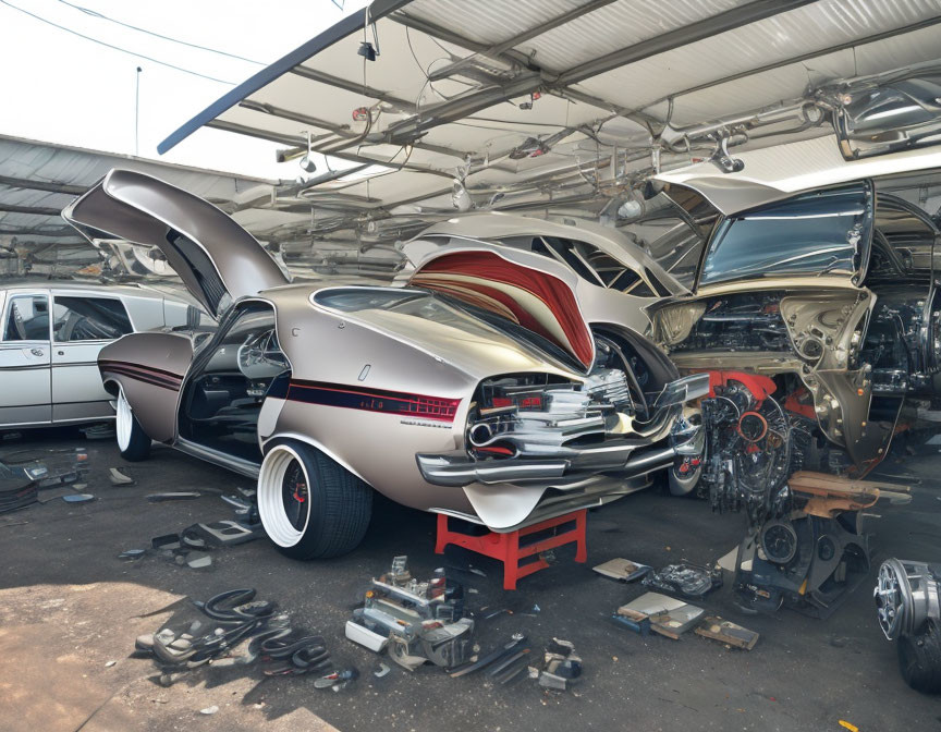 Vintage Car with Open Gull-Wing Doors in Busy Garage