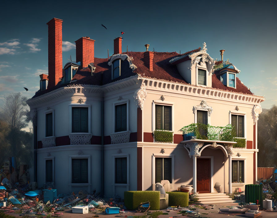 Two-story Victorian house with red roof, surrounded by garbage and overgrown plants