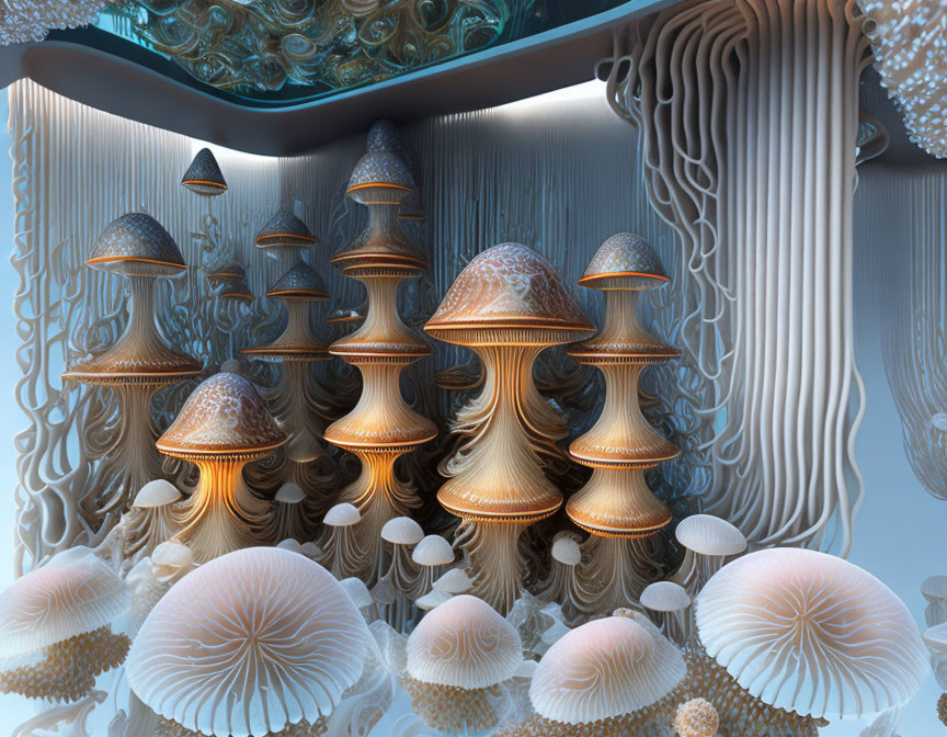 Surreal 3D Artwork: Stylized Mushrooms in Organic Environment