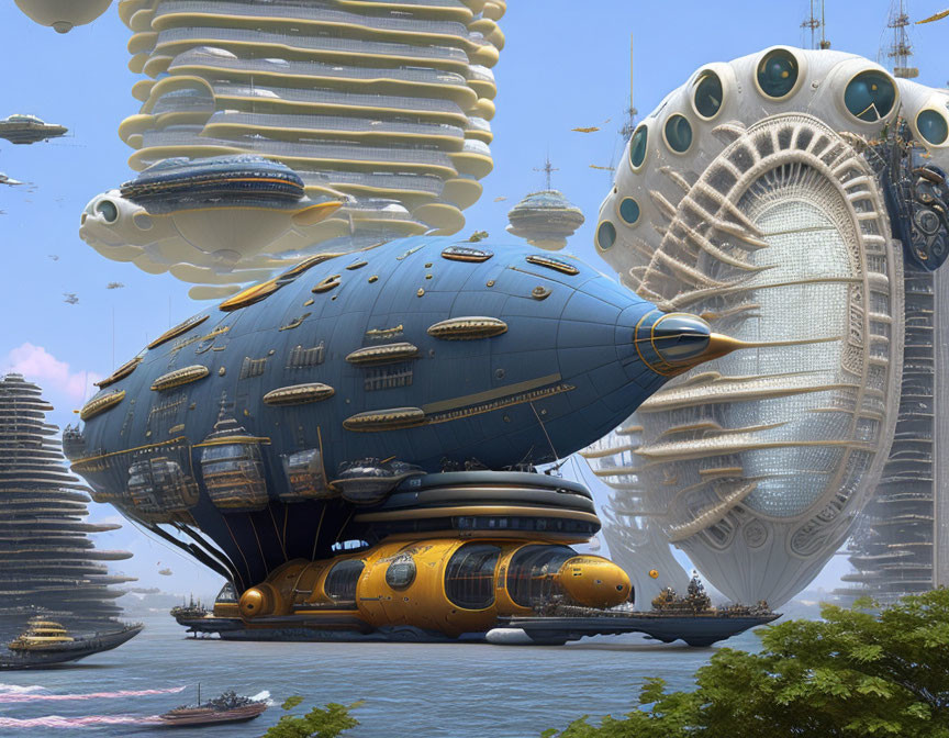 Futuristic cityscape with floating buildings and airship in sky