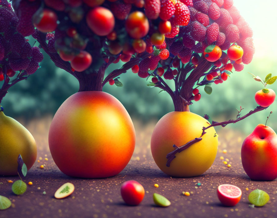 Vibrant fantasy landscape with oversized fruits and berry trees