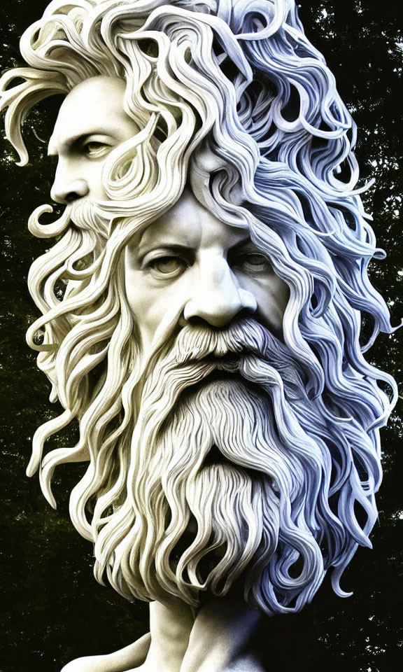 Interwoven male faces sculpture with flowing beards on leafy background.