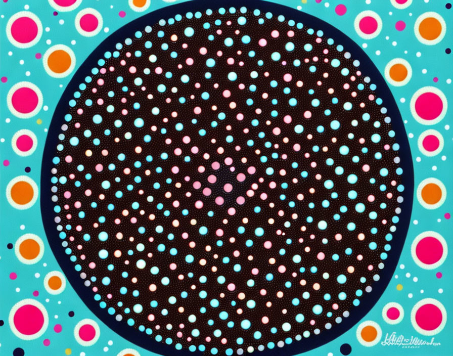 Colorful Polka-Dot Art with Varying Sizes on Teal Background