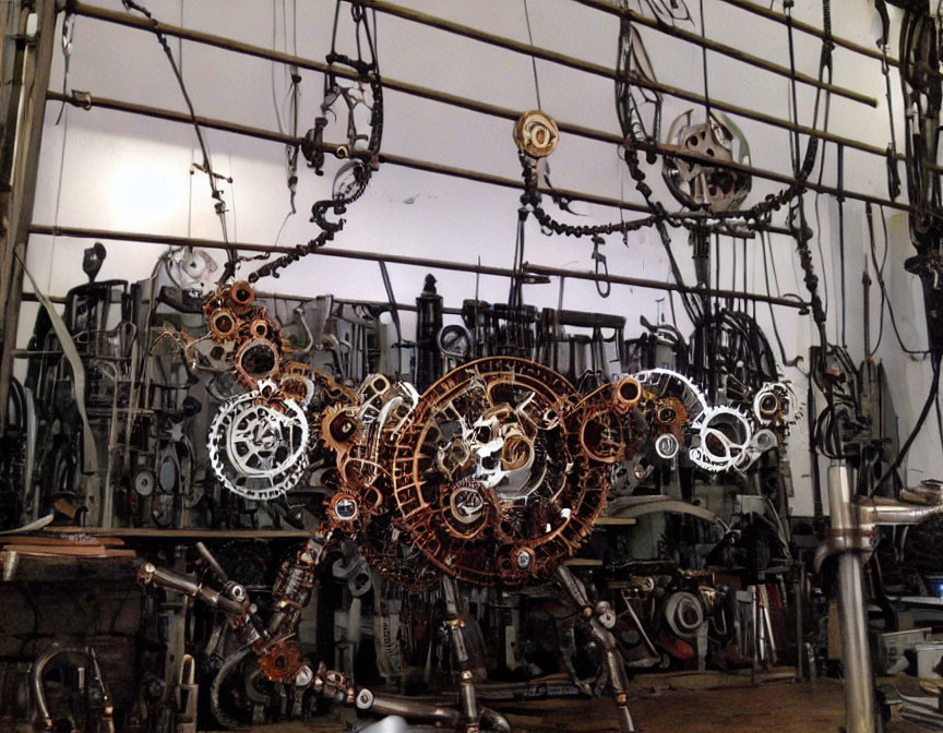 Metallic owl sculpture on wall with gears and chains, surrounded by mechanical parts