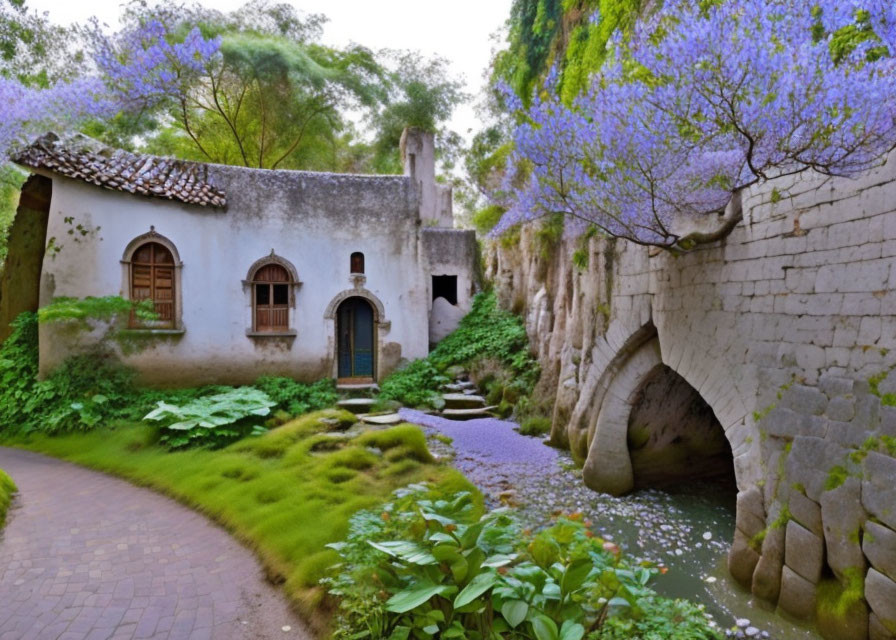 Stone house with thatched roof in lush greenery and wisteria near old bridge.