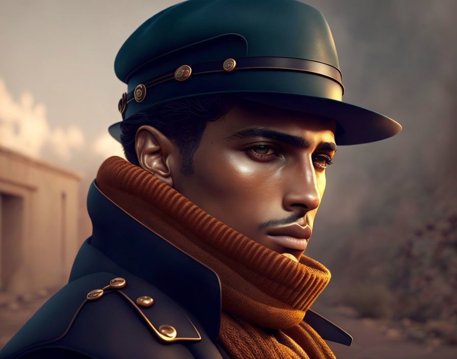 Detailed digital art: man in vintage military uniform with peaked cap, intricate facial features, golden-hour lighting