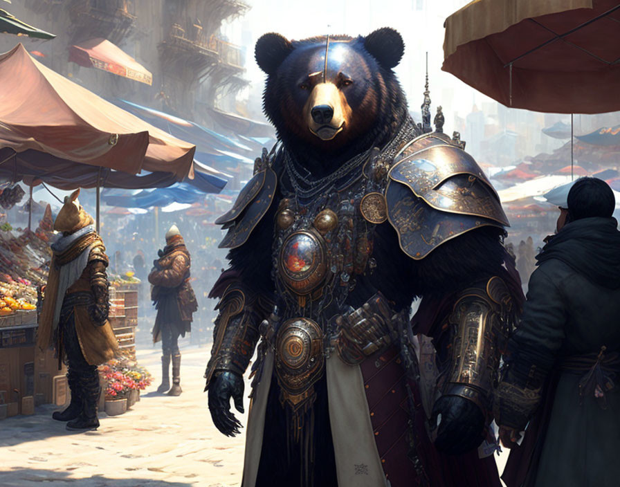 Medieval armor-clad bear in bustling market street.