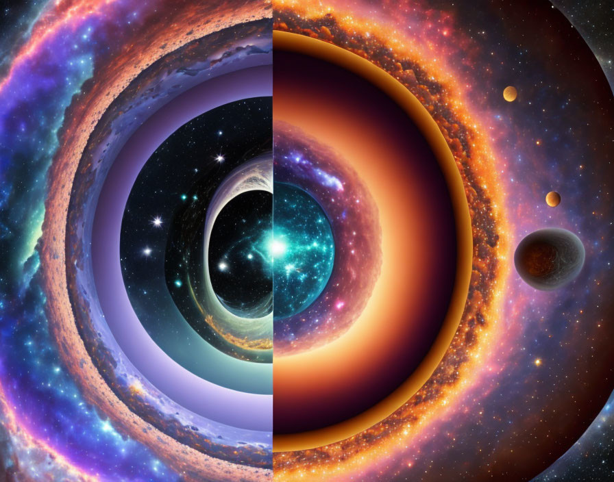 Colorful cosmic spiral art with planets and stars in space