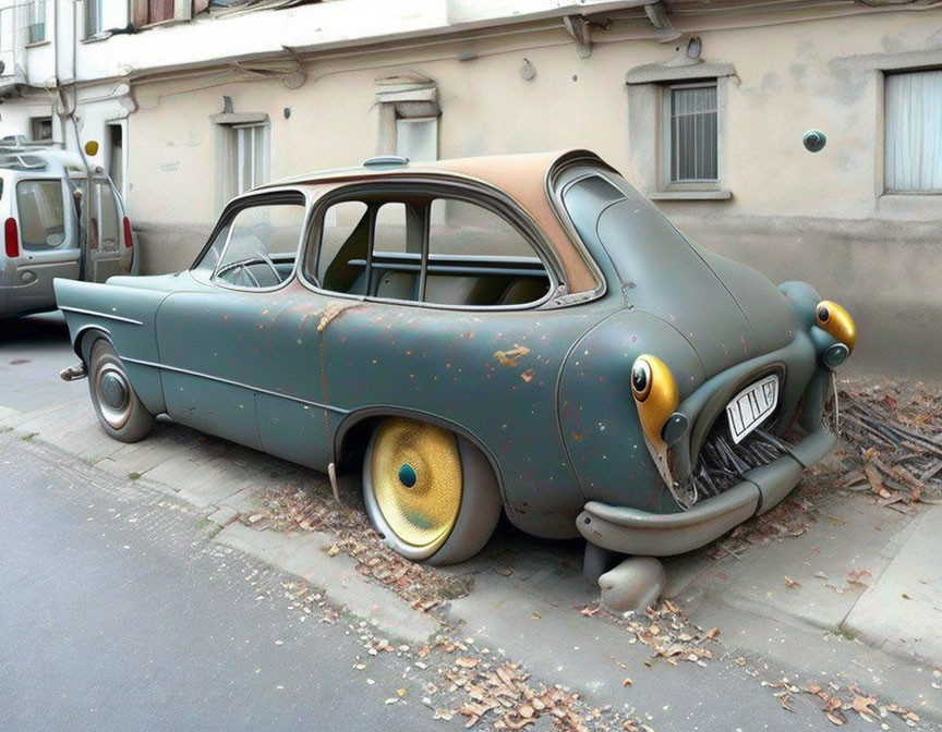 Vintage Car with Exaggerated Features Parked on Street