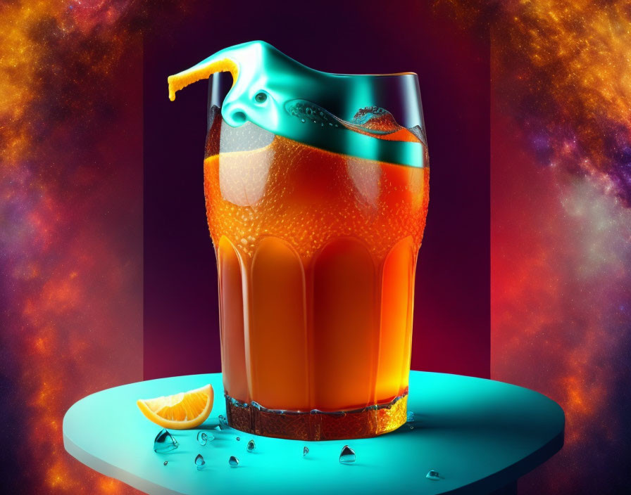 Surreal image: Glass of orange soda, melting blue straw, slice of orange, droplets