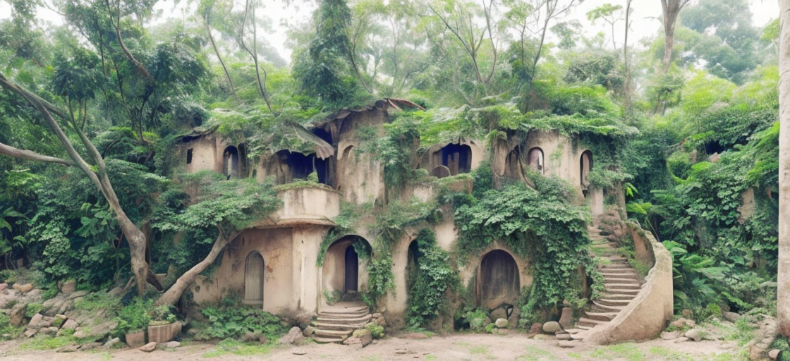 Abandoned building with arched entrances and green foliage.