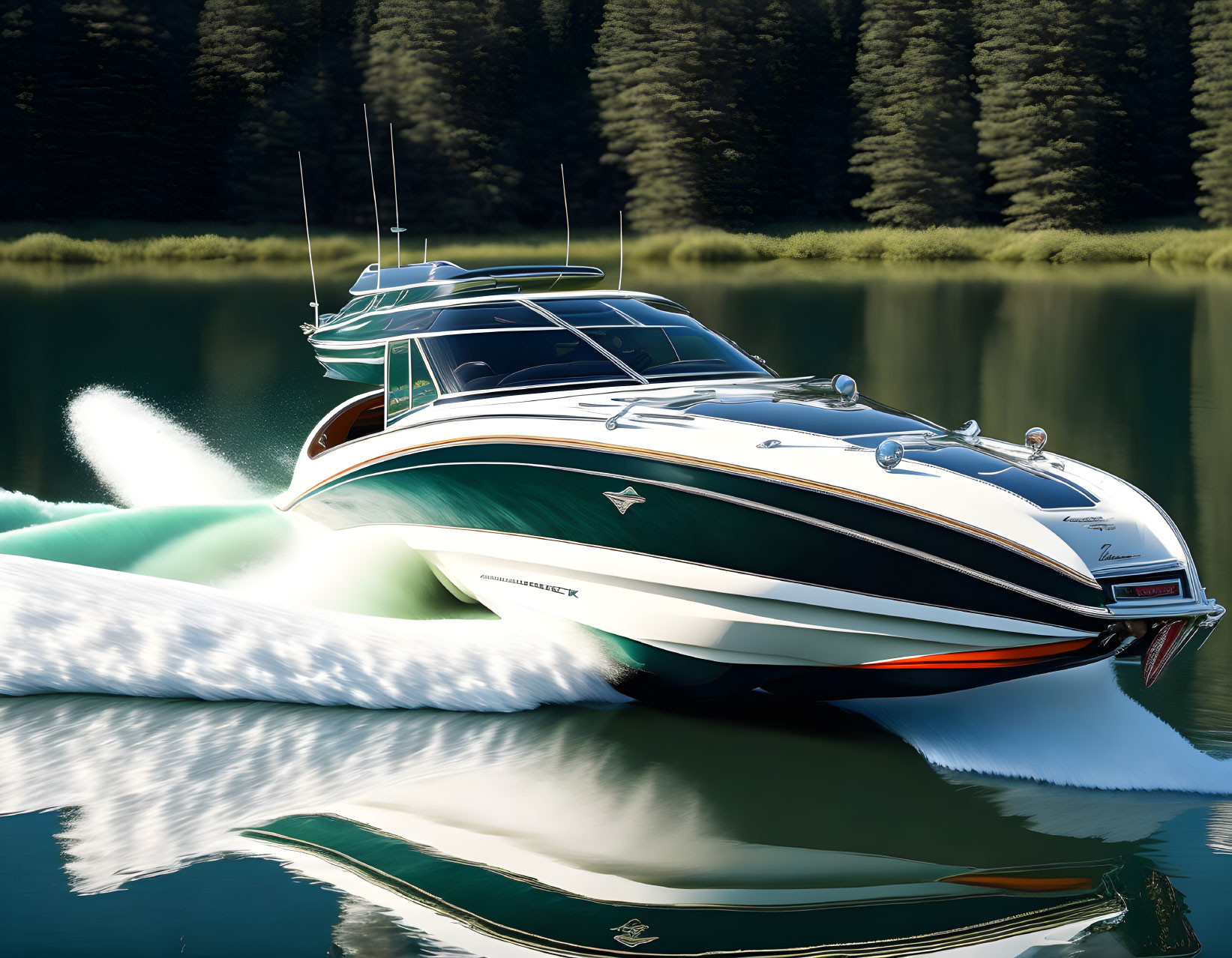 Speedboat gliding on calm waters with clear blue sky reflection