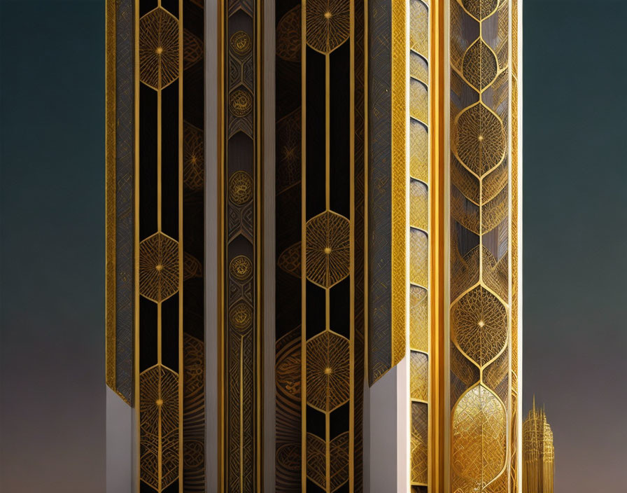 Decorative Art Deco Building Facade with Gold and Black Geometric Patterns