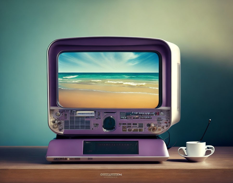 Vintage purple TV showing beach scene with cup and saucer on wooden surface