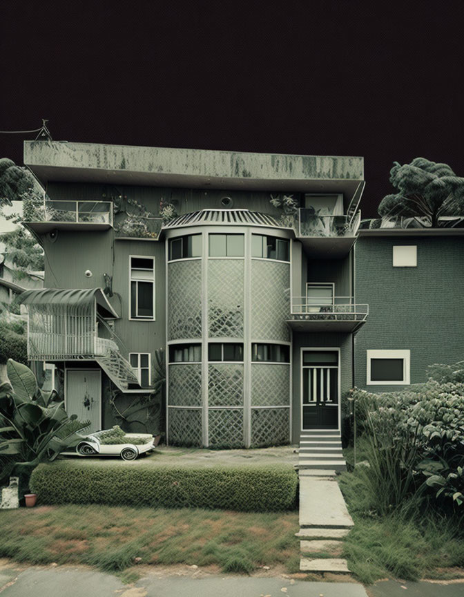 Ornate multi-story house with curved front facade and vintage car in lush green setting