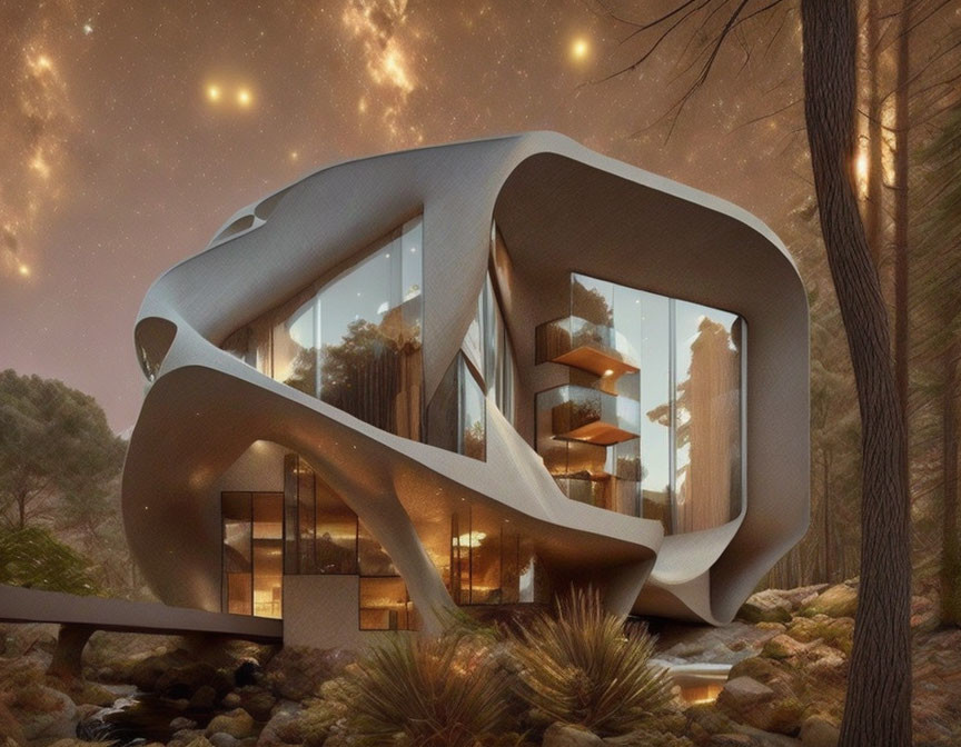 Futuristic house with organic design, glass windows, amid trees under starry twilight.