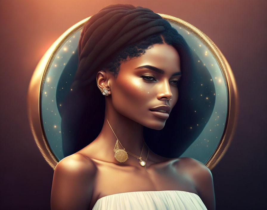 Illustrated portrait: Woman in turban with halo effect and elegant jewelry.